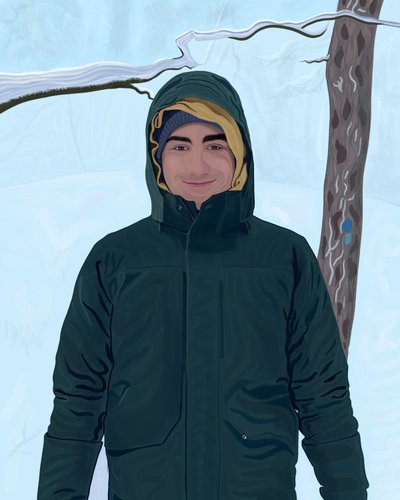Nuori mies vihreässä takissa lumessa (digitaalista taidetta) tekijältä Evan Sklar