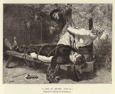 La Mort de Chramme. Chramin, Chlothar I:n pojan, frankkien kuninkaan, kuolema, 561 (kaiverrus) tekijältä Evariste Vital Luminais