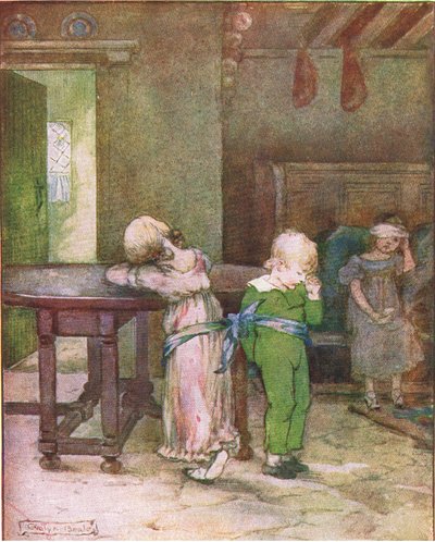 Hän otti hänen sinisen taskunenäliinan ja sitoi Lucyn ja Henryn pöytään (tarinasta An Happy Day), kuvitus tarinoiden portaista, jonka julkaisi Thomas Nelson & Sons Ltd 1940-luvulla (colou tekijältä Evelyn Beale