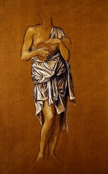 Vasemmanpuoleinen naispuolinen anoja laiturilla/ St Christin (sininen ja valkoinen värikynä paperille) tekijältä Evelyn De Morgan
