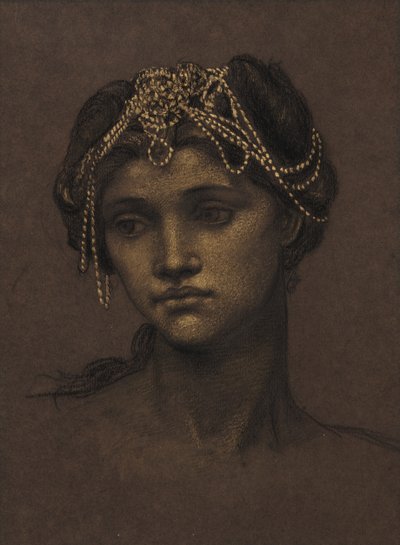 Medeia-aiheinen luonnos, n.1889 (mustaa liitua korotettuna kultamaalilla). tekijältä Evelyn De Morgan