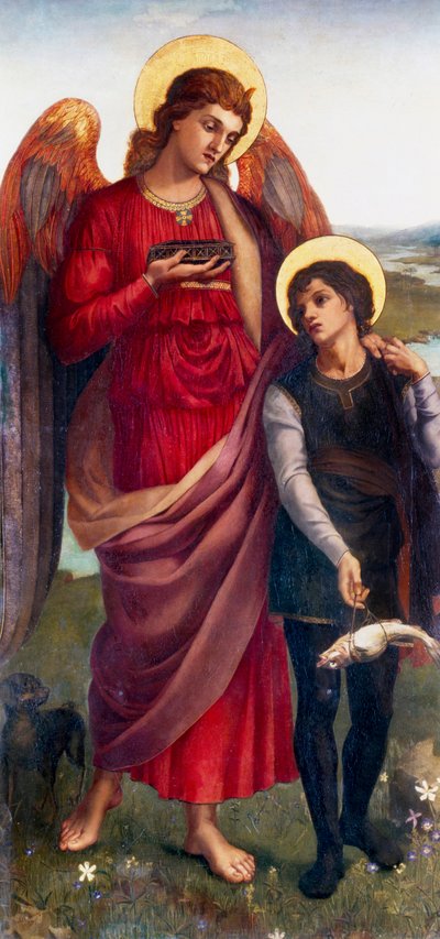 "Tobias ja arkkienkeli Rafael" Tobias, jonka sokea isä on antanut tehtäväksi löytää kalasappi, saa seurakseen arkkienkeli Rafaelin. Evelyn De Morganin (1855-1919) (prerafaeliitti) maalaus 1875 Yksityiskokoelma. tekijältä Evelyn De Morgan