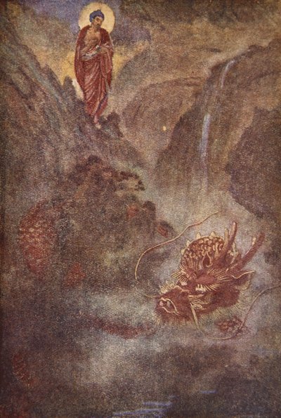 Buddha ja lohikäärme, kuvitus F. Hadland Davisin teoksesta "Japanin myytit ja legendat" tekijältä Evelyn Paul