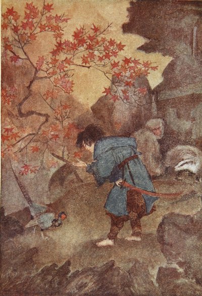 Momotaro ja fasaani, kuvitus F Hadland Davisin teoksesta "Japanin myytit ja legendat" tekijältä Evelyn Paul