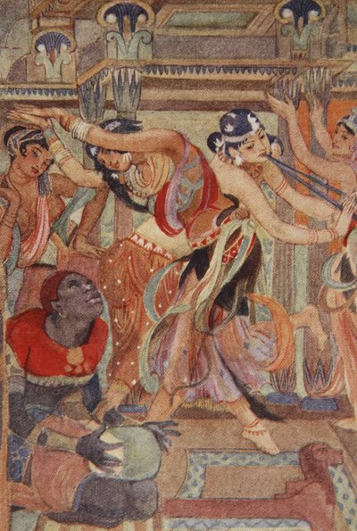 Jumalattaret tanssineinä tyttöinä, kuvitus Lewis Spencen teoksesta "Muinaisen Egyptin myytit" tekijältä Evelyn Paul