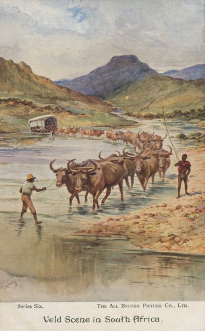 Maanviljelijät ajamassa karjaa, Etelä-Afrikka (värilitho) tekijältä Evelyn Stuart Hardy