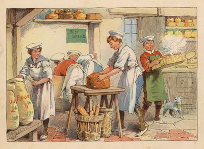 Pikkutyöläiset: Leipurit (värilitografia) tekijältä Evelyn Stuart Hardy