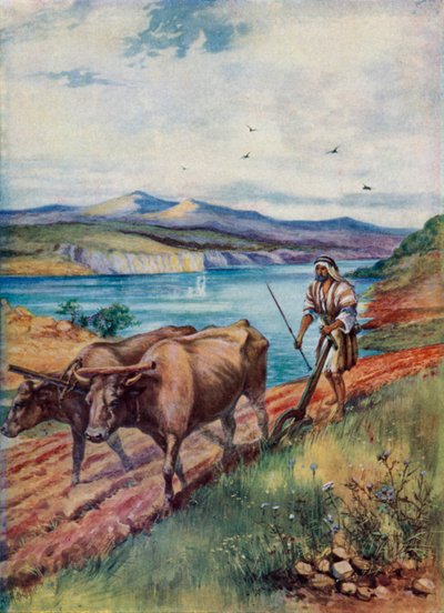Kyntö Jeesuksen maassa (väri litho) tekijältä Evelyn Stuart Hardy