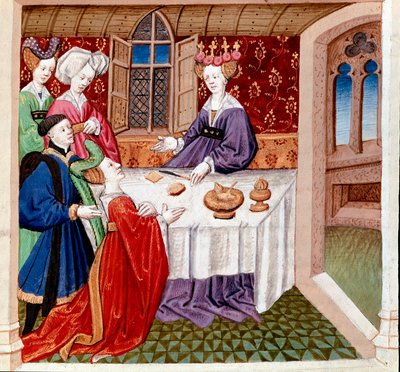 Iseult (tai Iseult) rukoilee pöydässä istuvan kuningatar Guenevren suojelusta. Miniatyyri, joka on otettu Gassien de Poitiersin teoksesta "Romaaninen du Chevalier Tristan et de la reine Yseult" ja valaisi Everard de Espinques (Evrard d