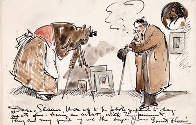 Gertrude Kasebierin (1852-1934) piirtämä karikatyyri Shinnistä valokuvattuna. tekijältä Everett Shinn