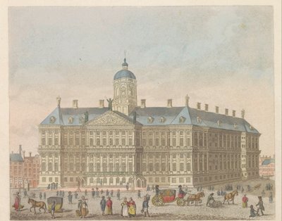 Kuninkaallinen palatsi Dam-aukiolla, noin 1810-1813 Vue du Palais Roijal, et de la Place le Dam (otsikko esineessä) tekijältä Evert Maaskamp