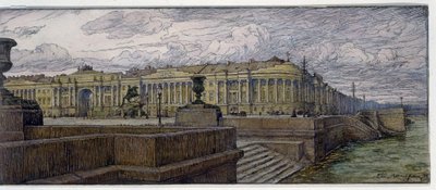 Senaattipaikka Pietarissa. Kuvaus rakennuksista Nevan rannalla. Jevgeni Evgenyevich Lanceray (Eugene Lansere) (1875-1946) työ, litografia tekijältä Evgeni Evgenievitch Lanceray