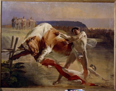 Jan (Ian) Usmarin (Usmovich, Usmoshvets) välienselvittely. (Yan Usmovetsin voimakokeilu). Perinteinen venäläinen legendaarinen sankari, jonka suurruhtinas Vladimir (noin 960-1015) koetti pysäyttää härän paljain käsin. Yevgraf Se:n maalaus tekijältä Evgraf Sorokine
