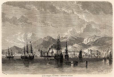 Espanjan satama Trinidadissa (Trinidad ja Tobago), Evremond Auguste de Berardin (1824-1881) piirustus kuvaamaan Anthony Trollopen (1815-1882) matkoja Länsi-Intiaan vuosina 1858-1859. Kaiverrus "" Le tour du monde, nouveau journal des voya tekijältä Evremond de (after) Berard