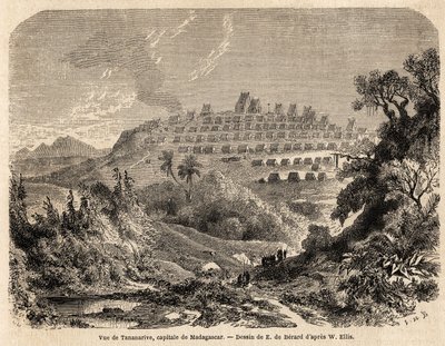 Näkymä Tananariven, Madagaskarin pääkaupungin, piirustus Evremond de Berard (1824-1881), havainnollistamaan Ida Pfeifferin matkaa Madagaskarille vuonna 1857. Kaiverrus ”” Le tour du monde”” 1861. Selvan kokoelma. tekijältä Evremond de (after) Berard