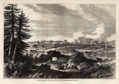 Näkymä Victoria-Vancouverista, Brittiläisen Kolumbian pääkaupungista, Auguste de Berardin (1824-81) piirustus kuvaamaan kapteeni John Palliserin Kalliovuorten tutkimusta vuosina 1857-59. Kaiverrus "" Le tour du monde, nouveau journal des voyages"" Paris tekijältä Evremond de (after) Berard