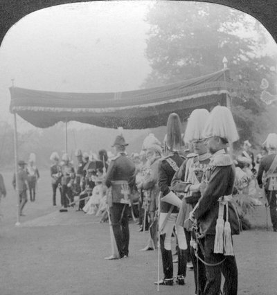 Kuningas jakavassa kruunausmitaleita, Buckinghamin palatsi, Lontoo. tekijältä Excelsior Stereoscopic Tours