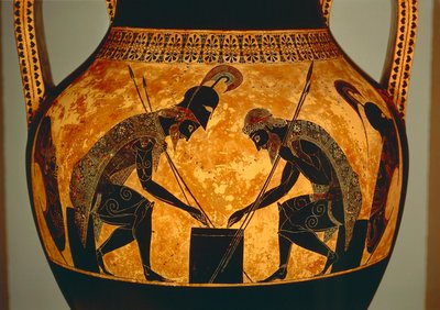 Ullakkomustahahmoinen amfora, joka kuvaa Akhilleusta ja Ajaxia pelaamassa noppaa, Vulcista, n. 540-530 eKr. (keraaminen) (yksityiskohta) tekijältä Exekias Exekias
