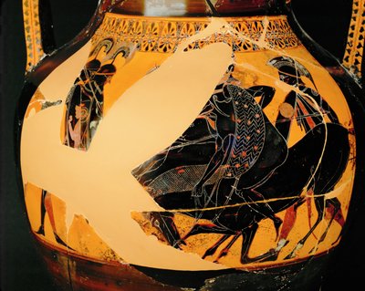 Taistelukohtaus. Mustahahmoinen amfora, sama kuin 10-03-03/48 ... tekijältä Exekias Exekias