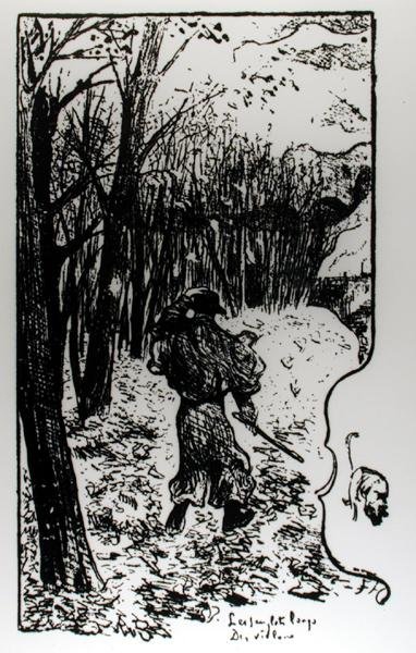 Verlaine syksyisessä maisemassa, kuvitus teoksesta Impression dAutomne: Les Sanglots Longs, Paul Verlaine (1844-96) tekijältä F.A. Cazals