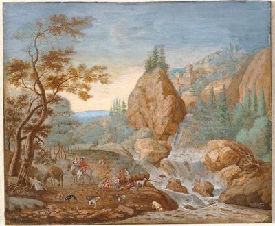 Vuoristomaisema, jossa metsästysseurue etualalla tekijältä F.C. van Bracht
