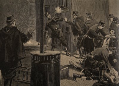Etievant, anarkisti ampuu arinasta, kuvitus julkaisusta "Le Petit Journal: Supplement illustre", 30. tammikuuta 1898 tekijältä F.L. and Tofani, Oswaldo Meaulle