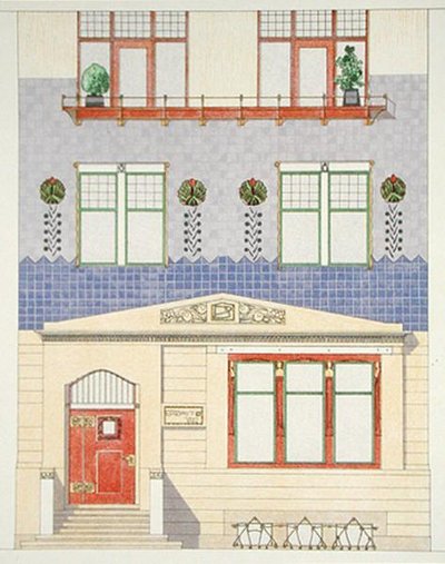 Suunnitelma saksalaisen kaupunkitalon julkisivulle, 1900-luvun alku, "Documents Architecture Moderne" (värilitho) tekijältä F.W. Jochem