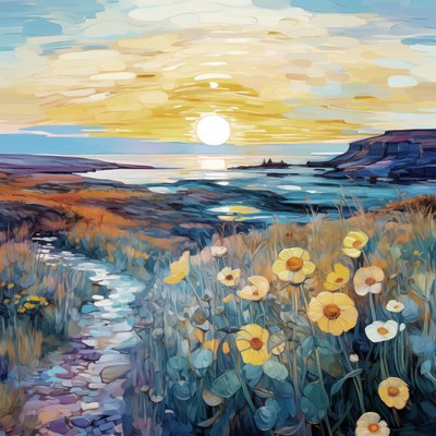 Abstrakti Purple Flowers auringonnousun maisema maalaus, Wall Art tulosteet tekijältä F. Abderrahim