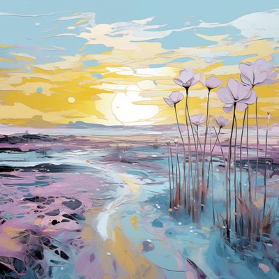 Abstrakti Purple Flowers auringonlaskun maisema, Custom Wall Art tulostaa tekijältä F. Abderrahim