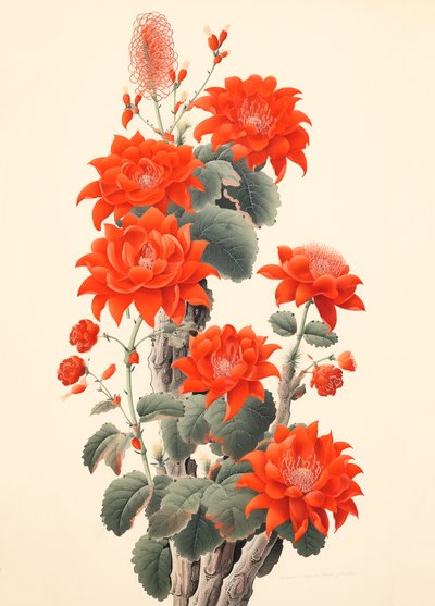 Abstrakti kaktus kukkia, japanilainen puupiirros, kehystetty wall art tulostaa tekijältä F. Abderrahim