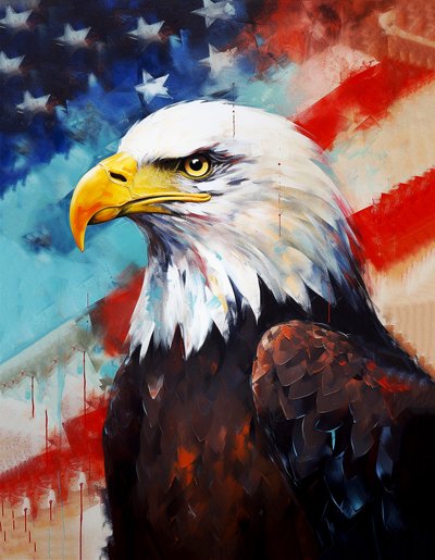 Amerikkalainen kotka, USA:n lippu taustalla, öljymaalaus, huoneen sisustus, seinätaideprinttejä tekijältä F. Abderrahim