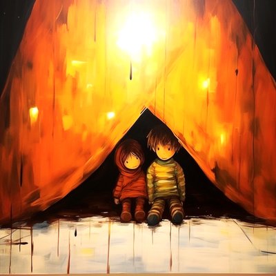 Piirustus kahdesta viattomasta lapsesta, surrealistinen seinätaide | Kankaalle tulosteet tekijältä F. Abderrahim