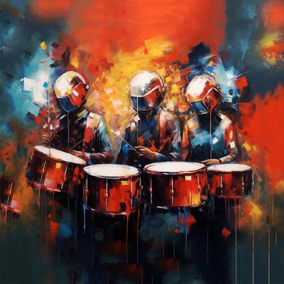 Ryhmä muusikoita rumpaleita soittaa rumpuja, rock-musiikki, Tulostettava digitaalinen taide tekijältä F. Abderrahim