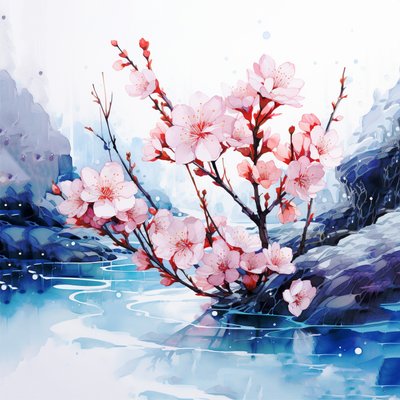 Surrealistinen akvarellimaalaus Japanin kirsikankukkia kukkia, seinä Art tulostaa tekijältä F. Abderrahim