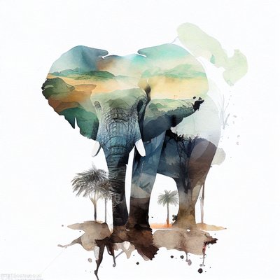 Akvarelli elefanttimaalaus, afrikkalainen savanna, neliömäinen seinä Taidevedoksia tekijältä F. Abderrahim