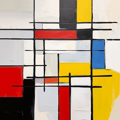 abstrakti Piet Mondrian maalaus tyyli, olohuoneen seinän sisustus idea tekijältä F. Abderrahim