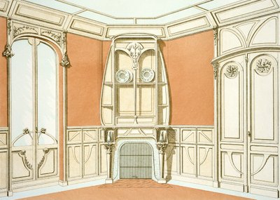 Ruokasalin sisustussuunnittelu, kuvitus Menuiserie dArt Nouveausta, julkaistu n. 1900 tekijältä F. Barabas
