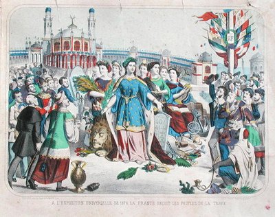 Ranska vastaanottaa maailman ihmiset vuoden 1878 yleisnäyttelyssä (värilitho) tekijältä F. C. Wentzel