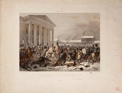 Perääntyvä ranskalainen armeija Vilnan Raatihuoneen aukiolla, kaiverrettu Victor Adam (1801-66) ja Louis Pierre Alphonse Bichebois (1801-50) 1812 tekijältä F. Daniel