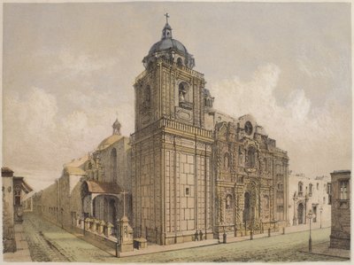 La Mercedin kirkko, Lima, kuvitus Mariano Felipe Paz Soldanin (1821-86) teoksesta "Geografia del Peru", levy XXV, 1863. tekijältä F. Delamare