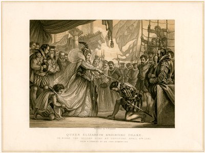 "Queen Elizabeth Knighting Drake Golden Hindin laivalla..., 4. huhtikuuta 1581", 1800-luku tekijältä F Fraenkel