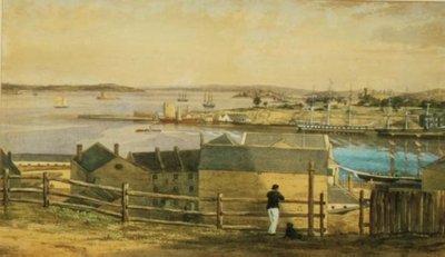 Circular Quay, Sydney, n. 1870 (akvarelli) tekijältä F. Halsted
