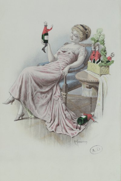 Postikortti naisesta, jolla on miehen muotoisia samppanjapulloja, n. 1900 (värilitho) tekijältä F. Kuderna