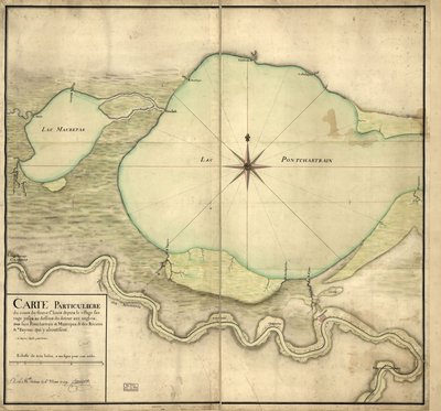 Erityinen kartta St. Louis -joen suunnasta villikylästä Detour aux Angloixin alapuolelle, Pontchartrain- ja Maurepas-järvet sekä sinne johtavat joet ja bayouc tekijältä F. Saucier