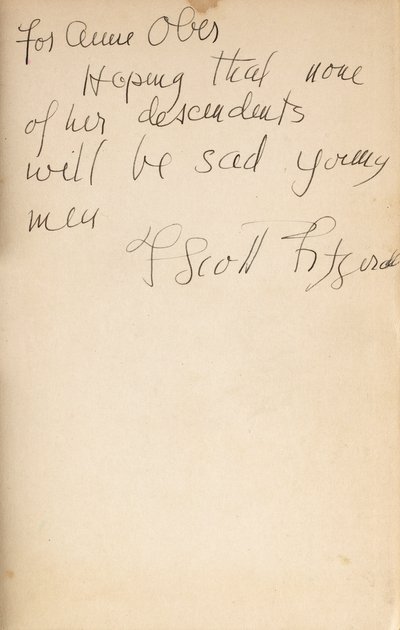 Tekijän kirjoitus "All the Sad Young Men" -kirjan ensimmäisen painoksen etusivulle tekijältä F. Scott Fitzgerald