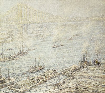 East River, New York, talvi, n. 1915 (öljy kankaalle) tekijältä F. Usher de Voll