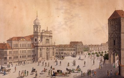 Hybern Square, Praha (värillinen etsaus ja kuparikaiverrus) tekijältä F. and Heger, P. Heger