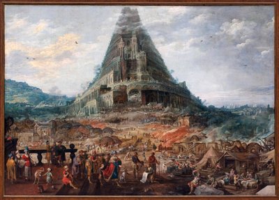 Baabelin torni. Joos de Momper II:n (1564-1635) maalaus, Frans Francken II:n (1581-1642) hahmot, öljy puulle. Flanderin taidetta 1600-luvulta. Belgian kuninkaallinen taidemuseo, Bryssel. tekijältä F. and Momper J. Francken