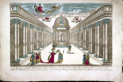 Bacchuksen temppeli Kuvitus Francesco Sacratin oopperan "La venere gelosa" (Venus mustasukkainen) näytökselle. Jacopo Torellin koristelu tekijältä Family Aveline