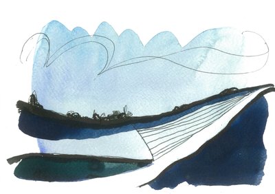 Whalebacked Hills, 2017 (akvarelli ja muste kankaalle) tekijältä Faye Bridgwater